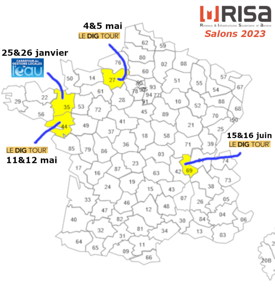 Carte des salons auxquels RISA a participé en 2023 : LE DIG TOUR, Carfour des gestions locales de l'eau, Expobiogaz